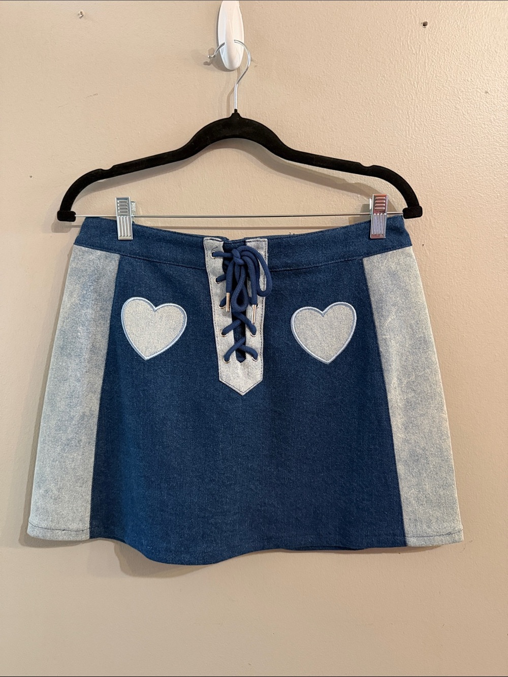 Lazy Oaf Blue Two-Tone Denim Lace-Up Mini Skirt with Heart Patches
